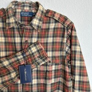 Vintage‎ 90s Polo Ralph Lauren Plaid Button Down Flannel Shirt Epaulettes Mens M